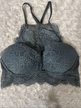Pink Lace Bralette with High-Neck Panel in Dusty Teal